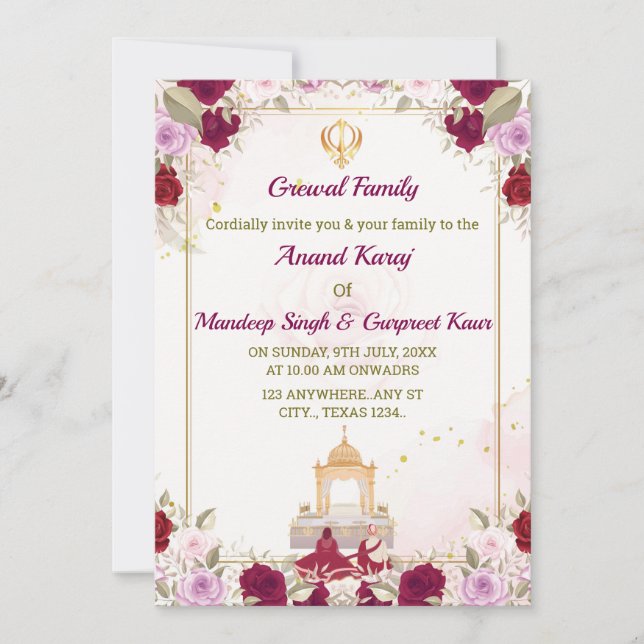 Sikh Wedding Invitation, Anand Karaj Card,  Invitation (Front)