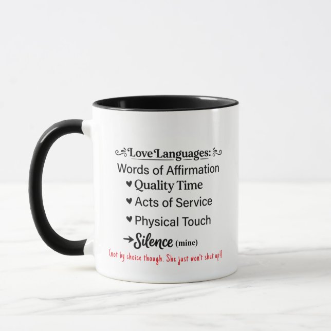 Silence Love Language Mug, Funny Coffee Gift Cup (Left)