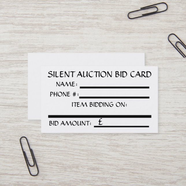 Silent Auction Bid Card (White) BRITISH POUND (Front/Back In Situ)