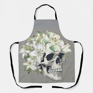 Silent Bloom: Skull & White Lilies Apron