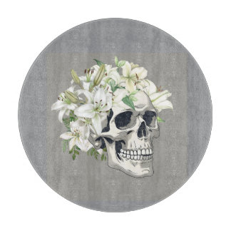 Silent Bloom: Skull & White Lilies Cutting Board