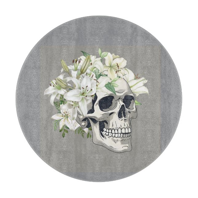 Silent Bloom: Skull & White Lilies Cutting Board (Front)