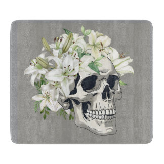 Silent Bloom: Skull & White Lilies Cutting Board