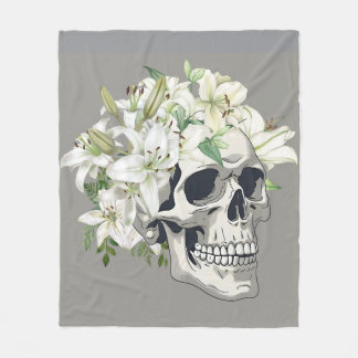 Silent Bloom: Skull & White Lilies Fleece Blanket
