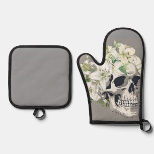 Silent Bloom: Skull & White Lilies Oven Mitt & Pot Holder Set