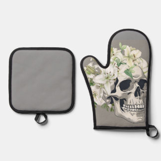 Silent Bloom: Skull & White Lilies Oven Mitt & Pot Holder Set