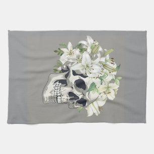 Silent Bloom: Skull & White Lilies Tea Towel