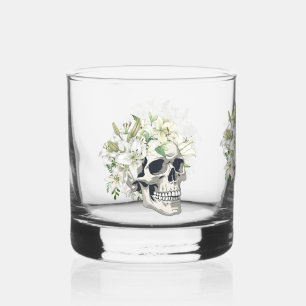 Silent Bloom: Skull & White Lilies Whiskey Glass
