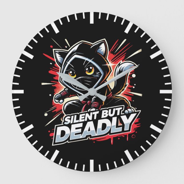 Silent But Deadly - Cute Funny Ninja Cat Large Clock (Front)
