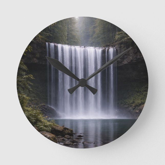 Silent Forest Waterfall – Calm Nature Landscape Round Clock (Front)