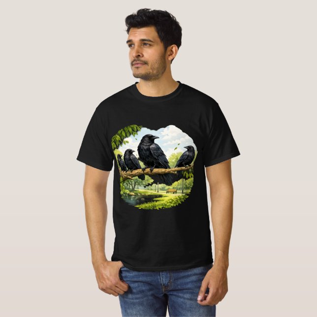 Silent Gathering – Crows on a Park Branch T-Shirt (Front Full)