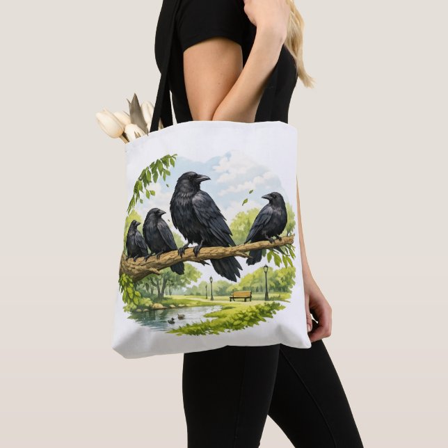 Silent Gathering – Crows on a Park Branch Tote Bag (Close Up)