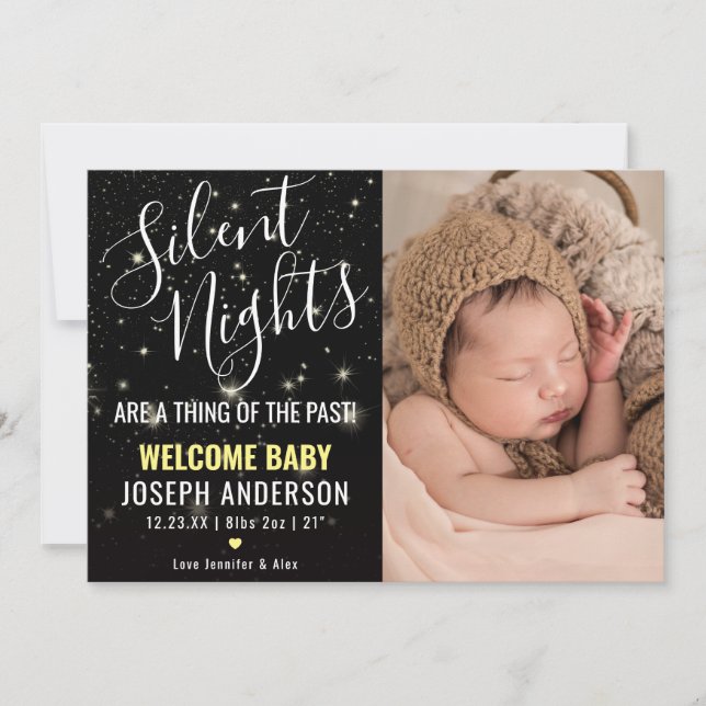 Silent Night Birth Announcement Newborn Photo Card (Front)