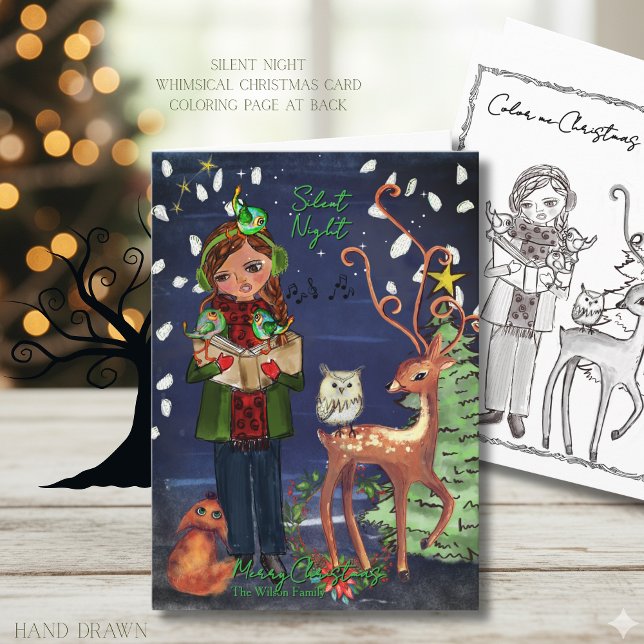 Silent Night Caroling Girl Woodland Animals  Holiday Card (Silent Night Caroling Girl Woodland Animals Holiday Card)
