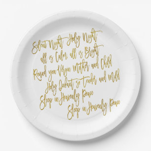 Silent Night Christmas Carol Lyrics Gold White Paper Plate