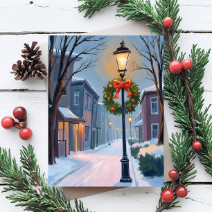Silent Night Christmas Town Wreath Watercolor Holiday Postcard
