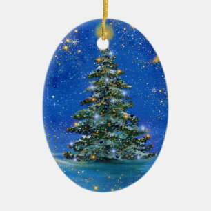 Silent night Christmas tree by Renee Lavoie Ceramic Ornament
