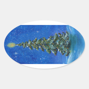 Silent night Christmas tree by Renee Lavoie  Oval Sticker