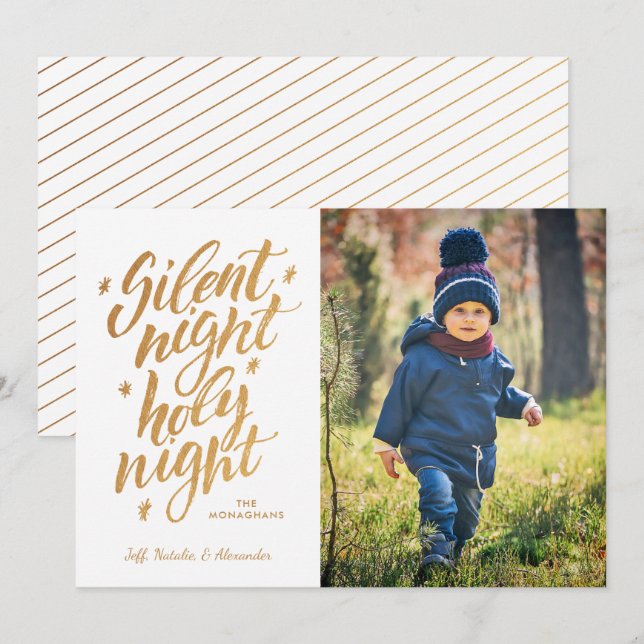 Silent Night Faux Gold Foil Christmas Photo White Holiday Card (Front/Back)