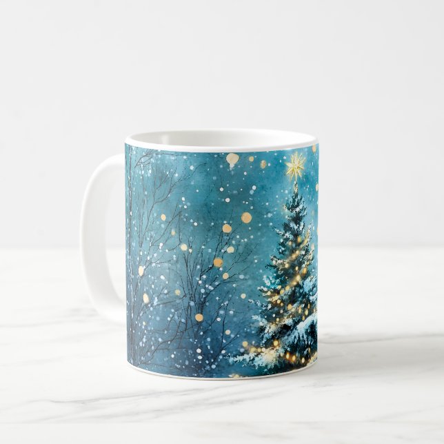 Silent Night Glow Bright Christmas Forest Tree Coffee Mug (Front Left)