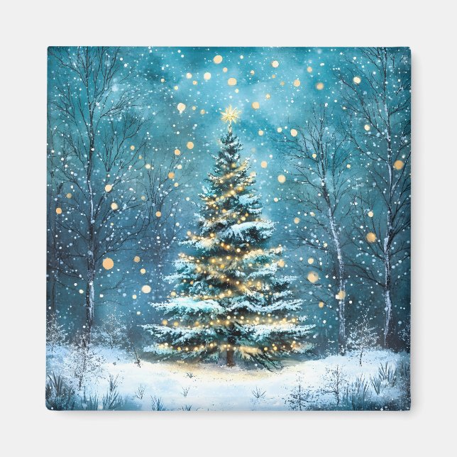 Silent Night Glow Bright Christmas Forest Tree Magnet (Front)