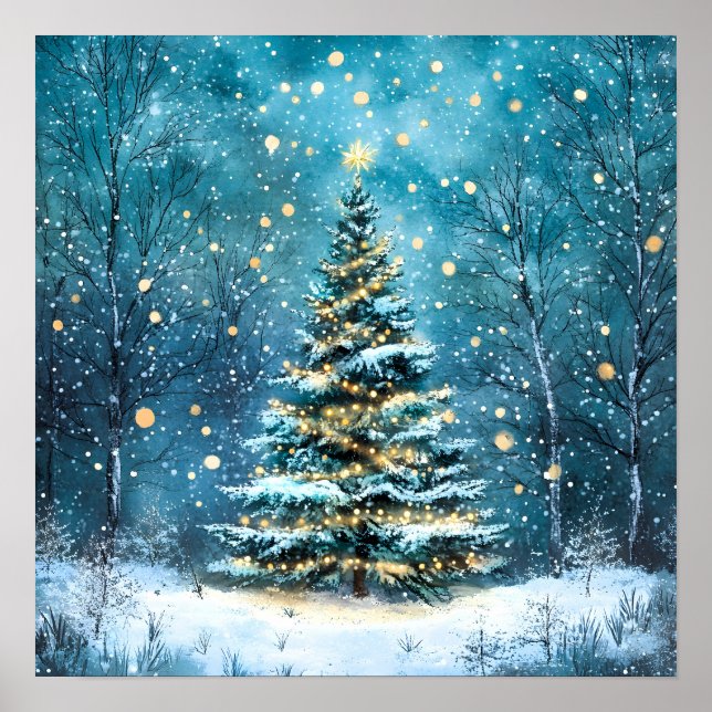 Silent Night Glow Bright Christmas Forest Tree Poster (Front)