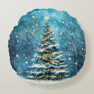 Silent Night Glow Bright Christmas Forest Tree Round Cushion