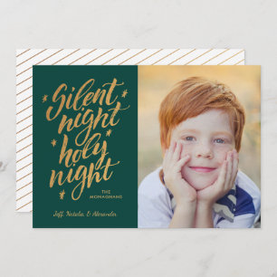 Silent Night Gold Foil Christmas Photo Green Holiday Card