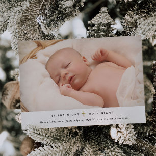Silent Night, Holy Night   Gold Cross and Photo Holiday Card