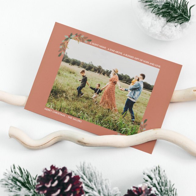 Silent Night Hope and Love Holly Plaid Religious Holiday Card (Family Photo Religious Silent Night Christmas Holiday Card)