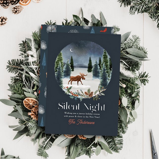 Silent Night Moose Winter Night Forest Christmas Foil Holiday Card (Creator Uploaded)
