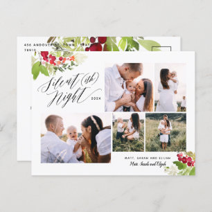 Silent night multi photo red green foliage funny holiday postcard
