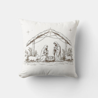 "Silent Night Nativity – Sepia Sketch Throw Pillow
