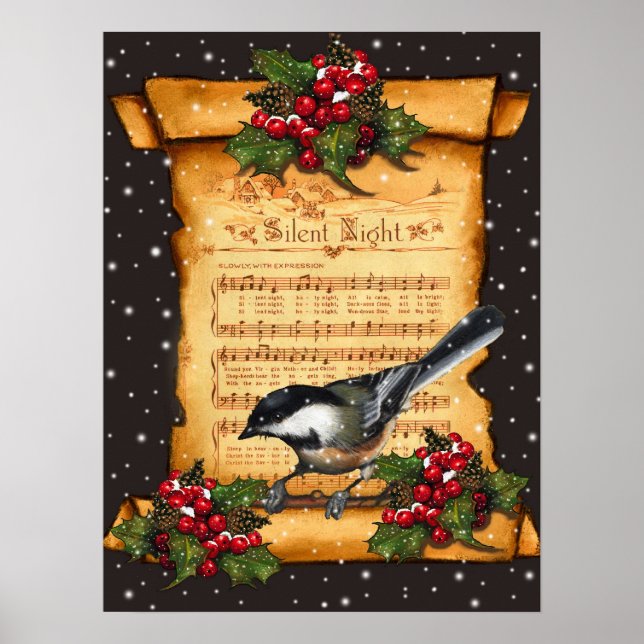 Silent Night Sheet Music, Chickadee, Snow: Art Poster (Front)