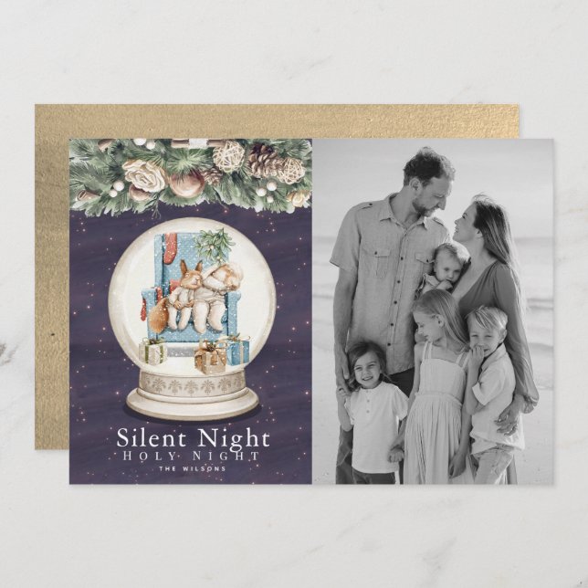 Silent Night Sleeping Animals Snow Grobe Photo Holiday Card (Front/Back)