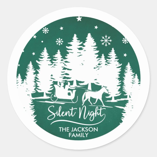 Silent night sleight snowflakes pines silhouettes classic round sticker (Front)