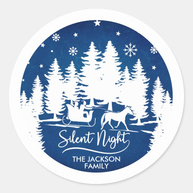 Silent night sleight snowflakes pines silhouettes classic round sticker (Front)