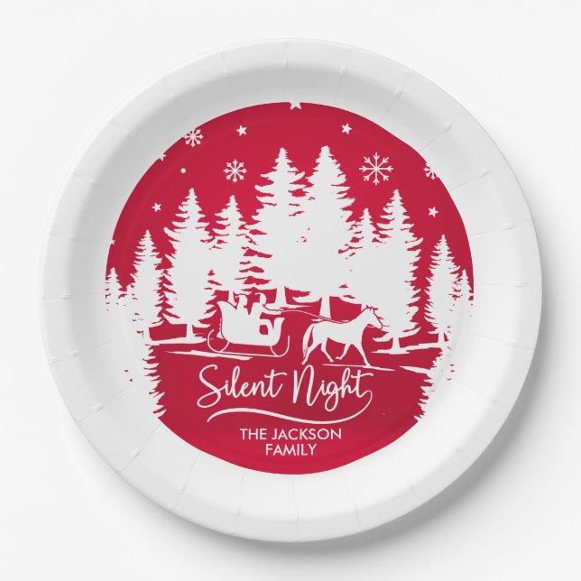 Silent night sleight snowflakes pines silhouettes paper plate (Front)