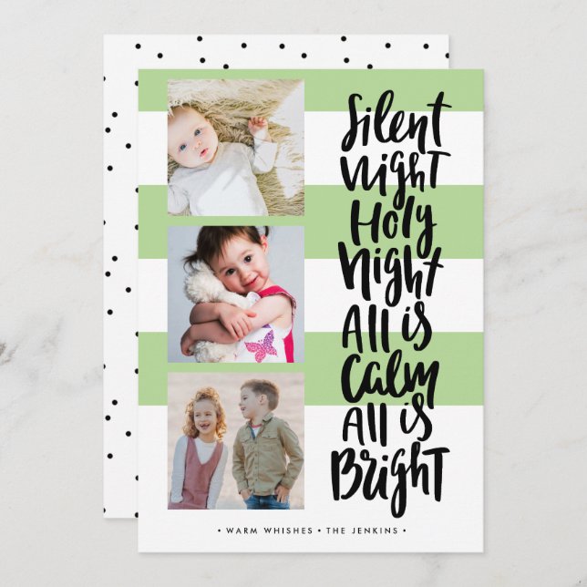Silent Night three photo holidays Christmas Green Invitation (Front/Back)
