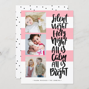 Silent Night three photo holidays Christmas   Pink Invitation