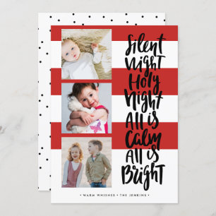 Silent Night three photo holidays Christmas   Red Invitation