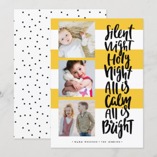 Silent Night three photo holidays Christmas Yellow Invitation