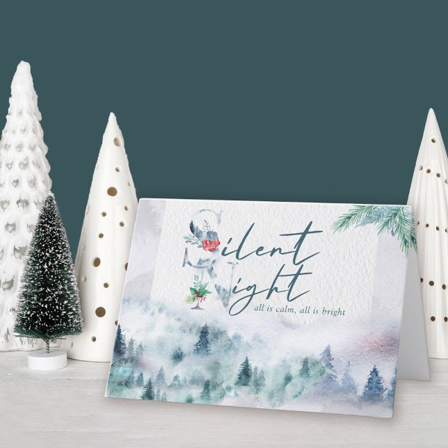 Silent Night Watercolor Misty Pine Forest Holiday Card (Silent Night holiday card available professionally printed or as printable digital download)