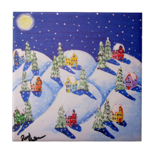 Silent Night Winter Folk Art Ceramic Tile