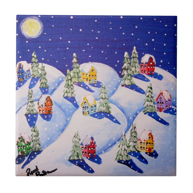 Silent Night Winter Folk Art Ceramic Tile (Front)
