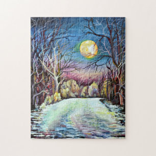 Silent Night Winter Full Moon in Sweden Jigsaw Puzzle