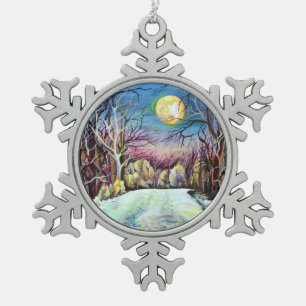 Silent Night Winter Full Moon in Sweden Snowflake Pewter Christmas Ornament
