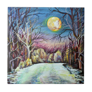 Silent Night Winter Full Moon in Sweden Tile