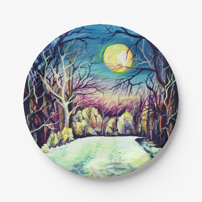 Silent Night Winter Full Moon Paper Plate (Front)