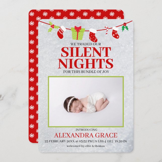 Silent Nights Bundle Joy Photo Christmas Birth Announcement (Front/Back)